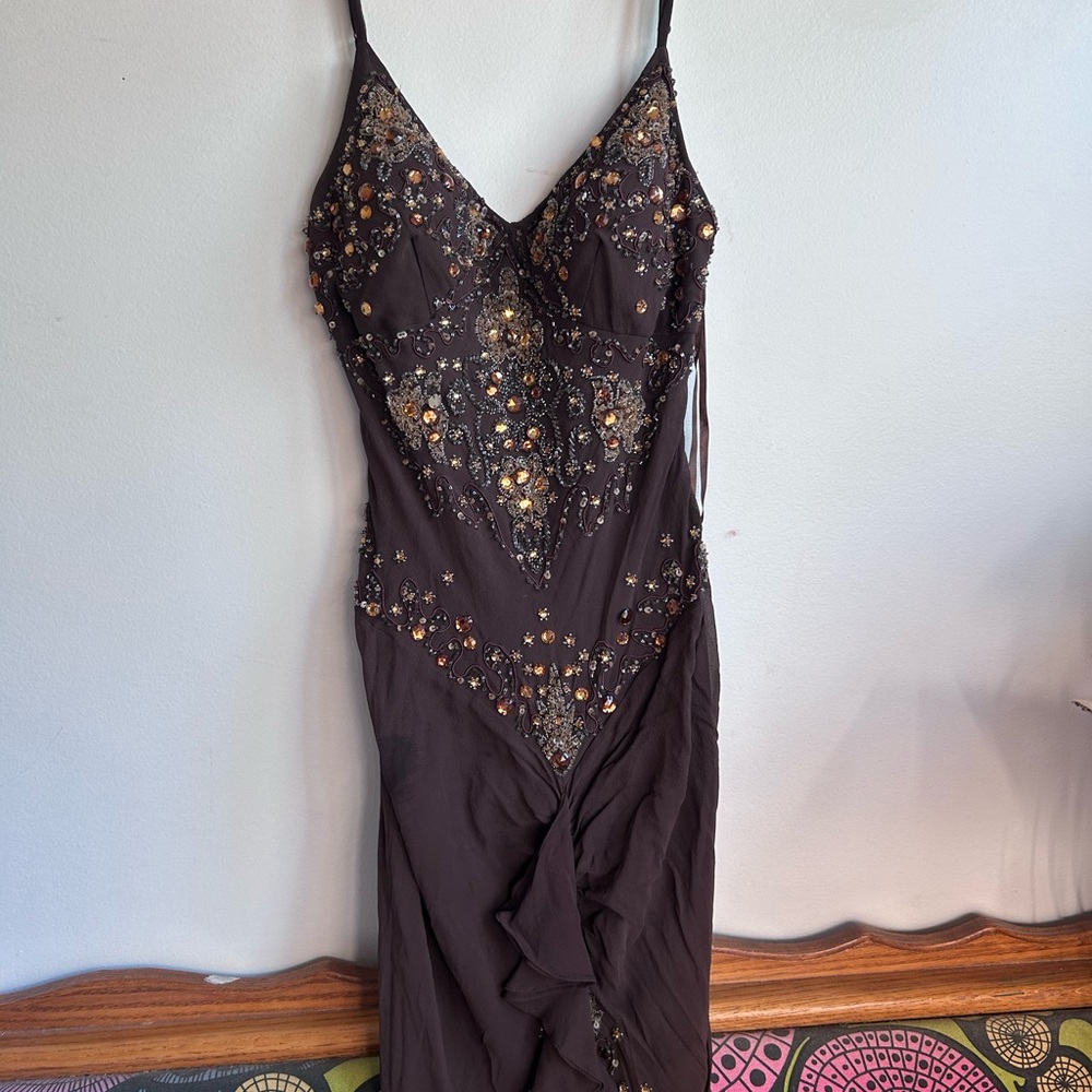 Sue Wong Brown Beaded Embellished Slip Dress